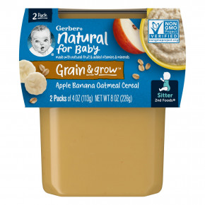 Gerber, Natural for Baby, Grain & Grow, 2nd Foods, яблоко, банан и овсяные хлопья, 2 пакетика по 113 г (4 унции) - описание | фото