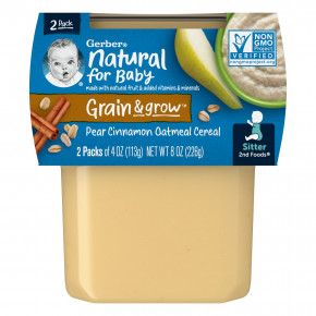 Gerber, Natural for Baby, Grain & Grow, 2nd Foods, овсяные хлопья с грушей, корицей, 2 пакетика по 113 г (4 унции) - описание | фото