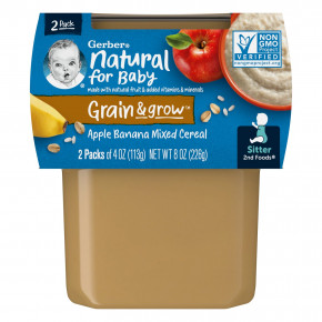 Gerber, Natural for Baby, Grain & Grow, 2nd Foods, смесь хлопьев с яблоком и бананом, 2 пакетика по 113 г (4 унции) - описание | фото