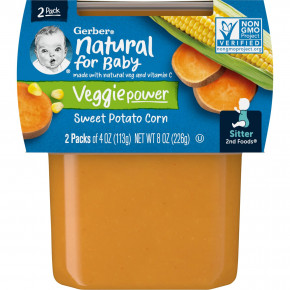 Gerber, Natural for Baby, Veggie Power, 2nd Foods®, батат и кукуруза, 2 пакетика по 113 г (4 унции) - описание