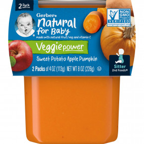 Gerber, Natural for Baby, Veggie Power, 2nd Foods®, батат, яблоко и тыква, 2 пакетика по 113 г (4 унции) - описание