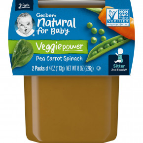 Gerber, Natural for Baby, Veggie Power, 2nd Foods®, горох и морковь и шпинат, 2 пакетика по 113 г (4 унции) - описание