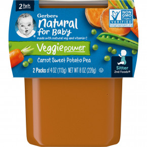 Gerber, Natural for Baby, Veggie Power, 2nd Foods®, морковь и батат и горох, 2 пакетика по 113 г (4 унции) - описание