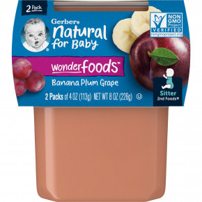 Gerber, Natural for Baby, Wonder Foods™, 2nd Foods®, банан, слива и виноград, 2 пакетика по 113 г (4 унции) - описание