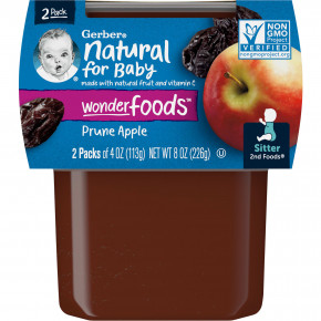 Gerber, Natural for Baby, Wonder Foods™, 2nd Foods®, чернослив и яблоко, 2 пакетика по 113 г (4 унции) - описание