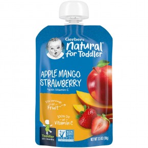 Gerber, Natural for Toddler, 12+ Months, Apple, Mango, Strawberry with Vitamin C, 3.5 oz (99 g) - описание