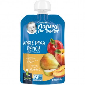 Gerber, Natural for Toddler, 12+ Months, Apple, Pear, Peach with Vitamin C, 3.5 oz (99 g) - описание