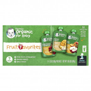 Gerber, Organic for Baby, 2nd Foods®, Fruit Favourites, 9 пакетиков, 99 г (3,5 унции) - описание | фото