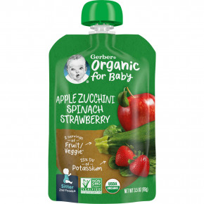 Gerber, Organic for Baby, 2nd Foods, яблоко, цукини, шпинат и клубника, 99 г (3,5 унции) - описание | фото