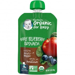 Gerber, Organic for Baby, 2nd Foods, яблоко, голубика и шпинат, 99 г (3,5 унции) - описание