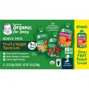 Gerber, Organic for Baby, 2nd Foods, любимые фрукты и овощи, 9 пакетиков, 99 г (3,5 унции) в Москве - eco-herb.ru | фото