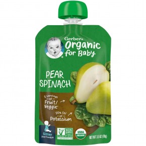 Gerber, Organic for Baby, 2nd Foods, Pear Spinach, 3.5 oz (99 g) - описание