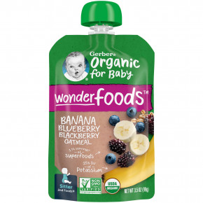 Gerber, Organic for Baby, Wonder Foods, 2nd Foods, банан, черника и ежевика, овсянка, 99 г (3,5 унции) в Москве - eco-herb.ru | фото