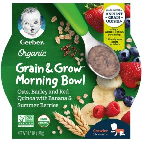 Gerber, Organic, Grain & Grow, Morning Bowl, для малышей от 10 месяцев, овес, ячмень, красная киноа с бананом и летними ягодами, 128 г (4,5 унции) - описание