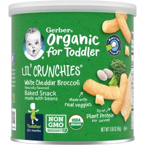 Gerber, Organic Lil 'Crunchies, запеченная с бобами закуска, от 12 месяцев, белый чеддер и брокколи, 45 г (1,59 унции) - описание