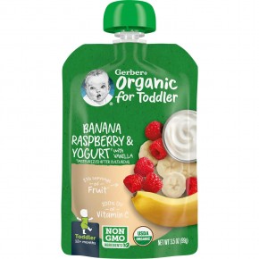 Gerber, Органическое детское питание, для детей от 12 месяцев, банановая малина и йогурт с ванилью, 99 г (3,5 унции) - описание