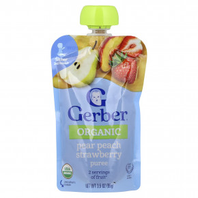 Gerber, Органическое пюре, 2nd Foods®, груша, персик, клубника, 99 г (3,5 унции) - описание | фото