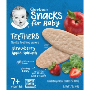 Gerber, прорезыватели, вафли для мягкого прорезывания зубов, для малышей от 7 месяцев, клубника, яблоко и шпинат, 12 пакетиков, по 2 вафли в каждом - описание