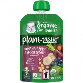 Gerber, Растительный вкус, органический продукт для малышей, банан, ягоды и овощи с овсом, от 12 месяцев, 99 г (3,5 унции) - описание