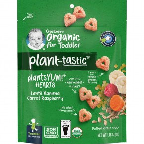 Gerber, Растительный вкус, органический снек для малышей, воздушные зерна, чечевица, банан, морковь, малина, для детей от 12 месяцев, 42 г (1,48 унции) - описание