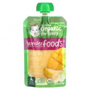 Gerber, Organic for Baby, Wonder Foods, 2nd Foods, банан и манго, 99 г (3,5 унции) - описание