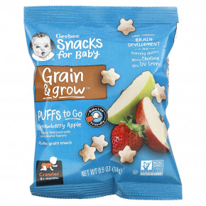 Gerber, Snacks for Baby, Grain & Grow, Puffs to Go, для детей от 8 месяцев, со вкусом клубники и яблока, 12 пакетиков снеков по 14 г (0,5 унции) в Москве - eco-herb.ru | фото