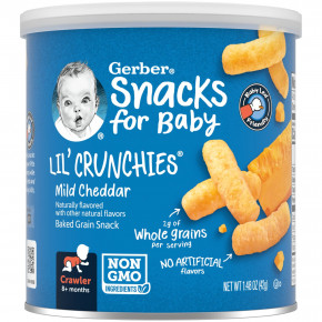 Gerber, Snacks for Baby, Lil 'Crunchies, снек из запеченного зерна, от 8 месяцев, мягкий чеддер, 42 г (1,48 унции) - описание | фото