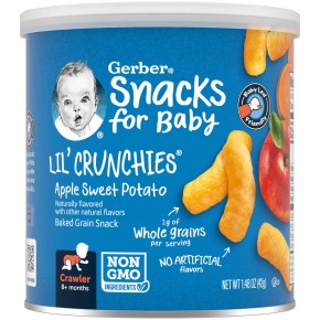 Gerber, Snacks for Baby, Lil 'Crunchies, снек из запеченного зерна, для детей от 8 месяцев, яблоко и батат, 42 г (1,48 унции) - описание