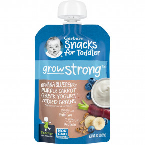Gerber, Snacks for Toddler, Grow Strong, от 12 месяцев, банан, голубика, фиолетовый, морковь, греческий йогурт, смесь злаков, 99 г (3,5 унции) (Товар снят с продажи) в Москве - eco-herb.ru | фото