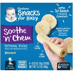 Gerber, Soothe 'N' Chew, палочки для прорезывания зубов, от 6 месяцев, банан, 6 стиков в индивидуальной упаковке, 15 г (0,53 унции) в Москве - eco-herb.ru | фото