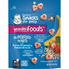 Gerber, Wonderfoods, Snacks for Baby, воздушные закуски из нескольких злаков, суперфуды в форме сердца, киноа, клубника, банан, брокколи, от 10 месяцев, 42 г (1,48 унции) - описание