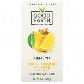 Good Earth Teas, Sensorial Blends, Herbal Tea, Ginger, Turmeric & Lemon, 15 Biodegradable Teabags, 1.48 oz (42 g) в Москве - eco-herb.ru | фото