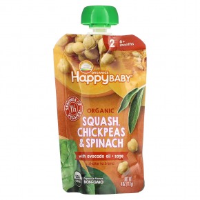 Happy Family Organics, Happy Baby, 6+ Months, Organic Squash, Chickpeas & Spinach, 4 oz (113 g) - описание