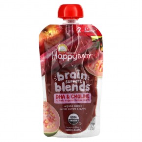 Happy Family Organics, Happy Baby, смеси для поддержки мозга, от 6 месяцев, органические яблоки, фиолетовая морковь и гуава, 113 г (4 унции) - описание