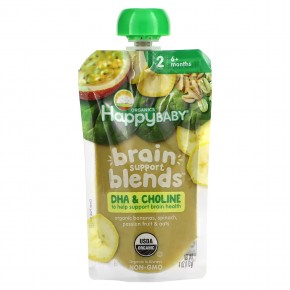 Happy Family Organics, Happy Baby, Brain Support Blends, 6+ Months, Organic Bananas, Spinach, Passion Fruit & Oats, 4 oz (113 g) - описание