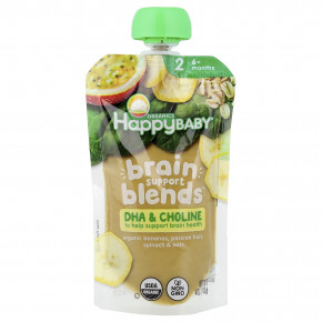 Happy Family Organics, Happy Baby®, Brain Support Blends™, для детей от 6 месяцев, органические бананы, маракуйя, шпинат и овсянка, 113 г (4 унции) - описание | фото
