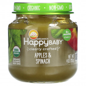 Happy Family Organics, Happy Baby, для детей от 6 месяцев, яблоки и шпинат, 113 г (4 унции) - описание | фото