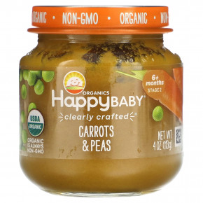 Happy Family Organics, Happy Baby, для детей от 6 месяцев, морковь и горох, 113 г (4 унции) - описание