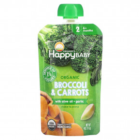 Happy Family Organics, Happy Baby, для детей от 6 месяцев, органическая брокколи и морковь с оливковым маслом и чесноком, 113 г (4 унции) - описание | фото