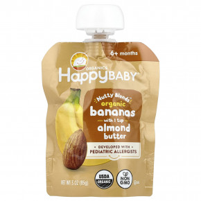 Happy Family Organics, Happy Baby®, Nutty Blends ™, для детей от 6 месяцев, органические бананы с 1/2 ч. Л. Миндального масла, 85 г (3 унции) - описание