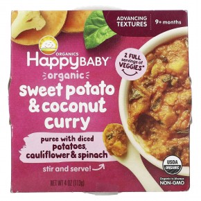 Happy Family Organics, Happy Baby, Organic Sweet Potato & Coconut Curry, 9+ Months, 4 oz (113 g) - описание