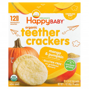 Happy Family Organics, Happy Baby, органические крекеры для зубов, манго и тыква с амарантом, 12 пакетиков по 4 г (0,14 унции) - описание