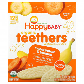 Happy Family Organics, Happy Baby, органические вафли для прорезывания зубов, батат и банан, 12 пакетиков по 4 г (0,14 унции) - описание | фото