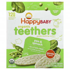 Happy Family Organics, Happy Baby®, органические вафли для прорезывания зубов, для малышей, умеющих сидеть, горох и шпинат, 12 пакетиков по 4 г (0,14 унции) - описание | фото
