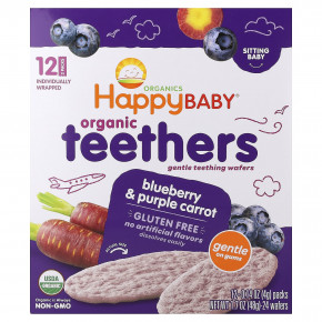 Happy Family Organics, Happy Baby®, органические вафли для прорезывания зубов, голубика и фиолетовая морковь, 12 пакетиков по 4 г (0,14 унции) - описание | фото