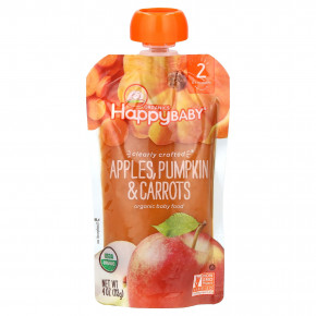 Happy Family Organics, Happy Baby®, органическое детское питание, для детей от 6 месяцев, яблоки, тыква и морковь, 113 г (4 унции) - описание | фото