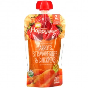 Happy Family Organics, Happy Baby, Органическое детское питание, этап 2, морковь, клубника и нут, 4 унции (113 г) - описание