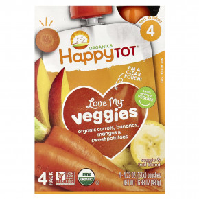 Happy Family Organics, Happy Tot®, Love My Veggies, этап 4, органическая морковь, бананы, манго и батат, 4 пакетика по 120 г (4,22 унции) - описание | фото
