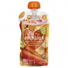 Happy Family Organics, Happy Tot®, Love My Veggies, этап 4, органическая морковь, бананы, манго и батат, 4 пакетика по 120 г (4,22 унции) в Москве - eco-herb.ru | фото