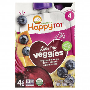 Happy Family Organics, Happy Tot®, Love My Veggies, этап 4, органические бананы, свекла, тыква и голубика, 4 пакетика по 120 г (4,22 унции) - описание | фото